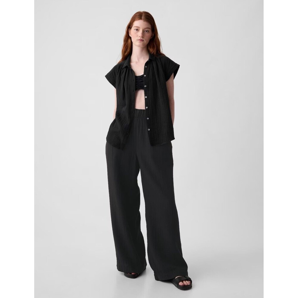 New Gap Cargo Pants Medium Tall Wide Leg Gauze Cotton Pull On Black NWT Travel